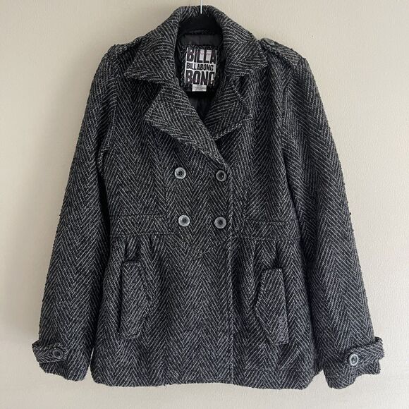 Billabong Tweed Pea Coat Jacket Womens Size XL Wool Blend Collared Black Pocket - Picture 2 of 16